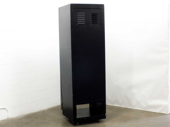 19-inch full-height black rackmount enclosure cabinet, closed front door, side and front view showing vented top panel and caster base