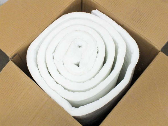 KT Refractories LYTX-512 Ceramic Fiber Blanket — white 300-inch roll removed from open box, showing full roll diameter