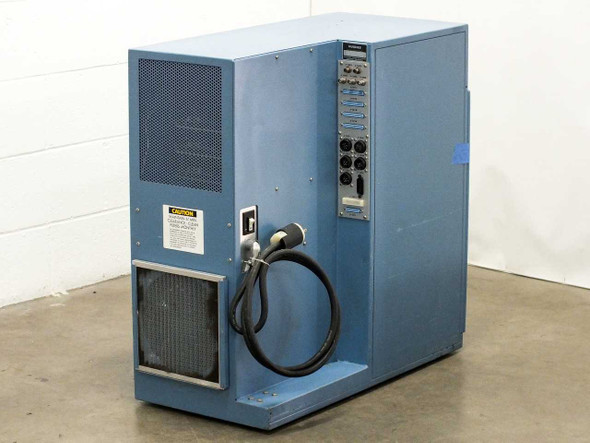 Hughes Aircraft 2470-II Wire Bonder Control Box WD-8702-006 — left side view showing ventilation grille, CAUTION label, power cable, and right-side control panel