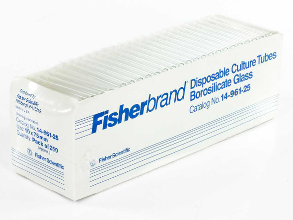 Fisherbrand 14-961-25 Disposable Borosilicate Glass Culture Tubes 10x75mm Pack of 250 — front of box showing brand name, product description, and catalog number