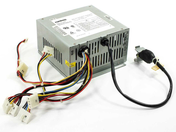 Compaq HP 210PP 242908-001 200W AT Power Supply – rear/side view showing full harness with multiple Molex 4-pin and Berg connectors and power switch cable
