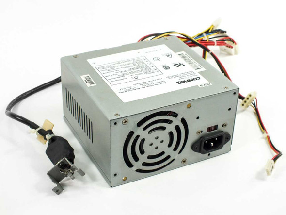 Compaq HP 210PP 242908-001 200W AT Power Supply – front panel showing IEC inlet, cooling fan, and attached power cable with Molex connectors