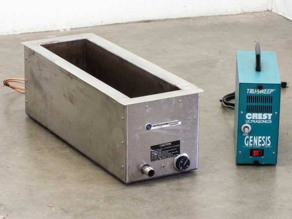 Crest 4G-500-6 Genesis Ultrasonic Generator and Ultrasonic Power Corp 50-26-235 heated stainless tank — front view of complete system side by side