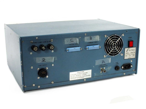 Syn-Optics AFS3000D – rear panel view showing four labeled connectors (A, B, C, D), D-sub ports, multi-pin circular connectors, cooling fan, power switch, and IEC inlet