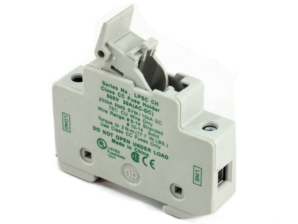 Littelfuse LPSC CH Powr-Safe Class CC fuse holder front view showing label with 600V 30A rating and UL/CE markings