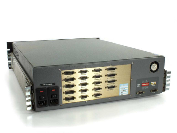 Xicom XTC-140D rear panel showing dual IEC power inlets labeled 100-260 VAC and DB15 AUX and RS-232 connector bank