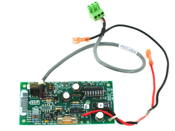 Kronos 6600167-999 System 400 Battery Backup Board front view with green terminal connector and attached wire harnesses