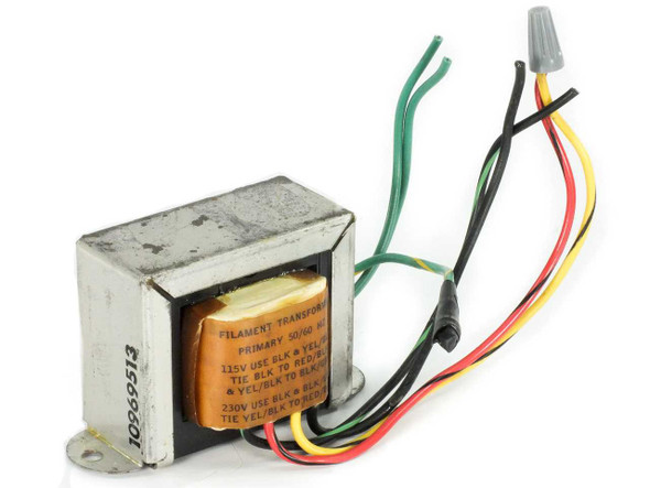 NuArc VE813 filament transformer front-left view showing primary wiring label and multi-color lead wires