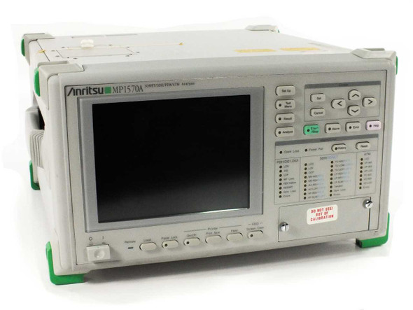 Anritsu MP1570A SONET SDH PDH ATM Analyzer front panel view showing color LCD display and alarm indicator panel — unit off