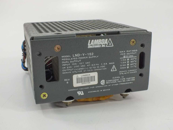 Lambda Electronics LND-Y-152 regulated power supply – top label view showing model number, input/output specs, and max ratings