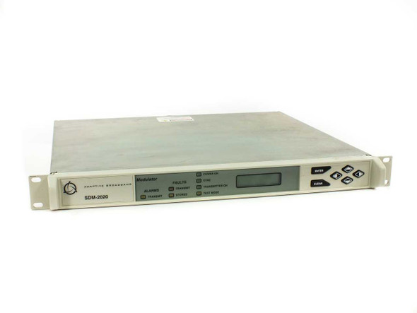 Adaptive Broadband SDM-2020 satellite modulator – front panel close-up showing Modulator label, SDM-2020 model number, Alarms and Faults indicators