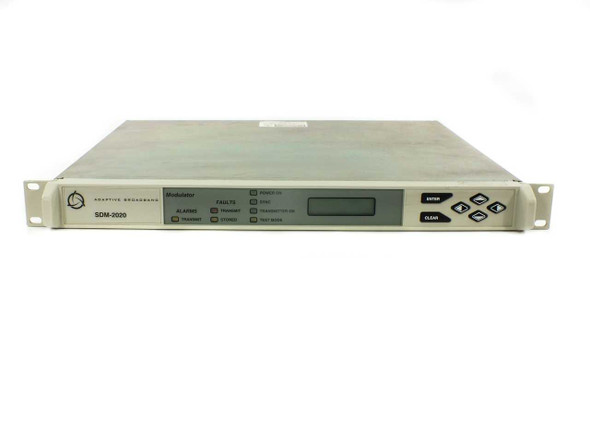 Adaptive Broadband SDM-2020 satellite modulator – front panel straight-on view showing full indicator layout including Power On, Sync, Transmitter On, Test Mode