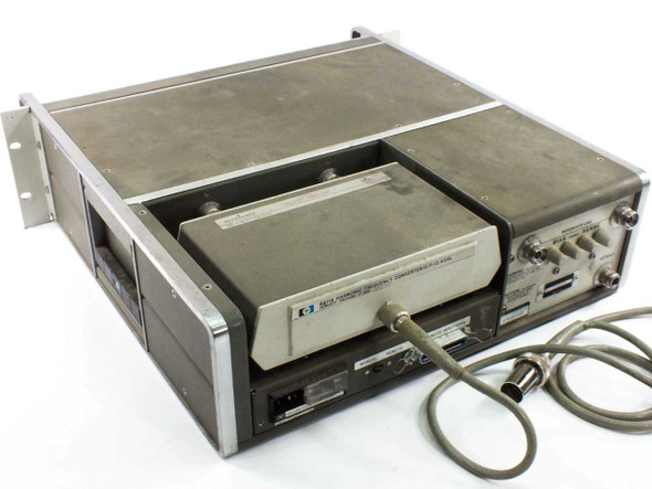 HP 8746B S-Parameter Test Set rear three-quarter view showing 8411A Harmonic Frequency Converter module pulled out and rear panel connectors