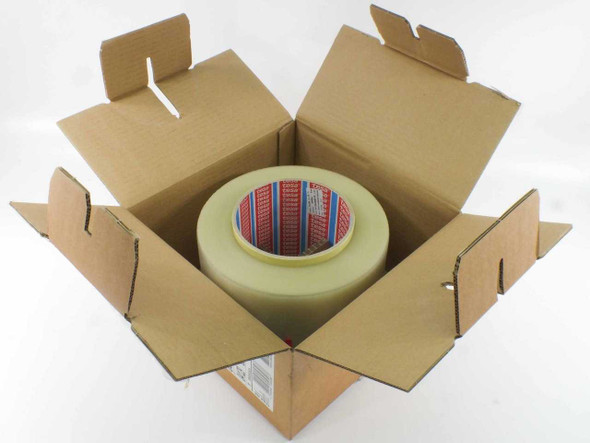 Tesa 4129 tape roll inside open cardboard box, showing packaging interior and tape roll on bottom flap