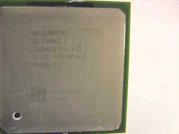 Intel Celeron D 340 SL7Q9 CPU IHS label showing 2.93GHz 256KB specs and Philippines origin