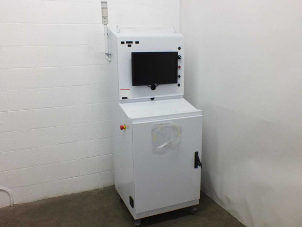 SCE Custom Hi-Pot Control Cabinet SCE-66ST2626WS — front view showing white floor-standing enclosure with touchscreen monitor on upper section and closed lower cabinet door with circular window
