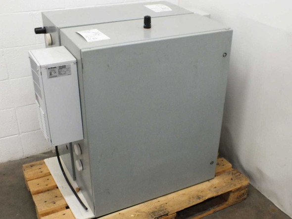 Young 26800 Meteorological Translator 2-cabinet array exterior, side view with McLean enclosure AC unit mounted on left cabinet