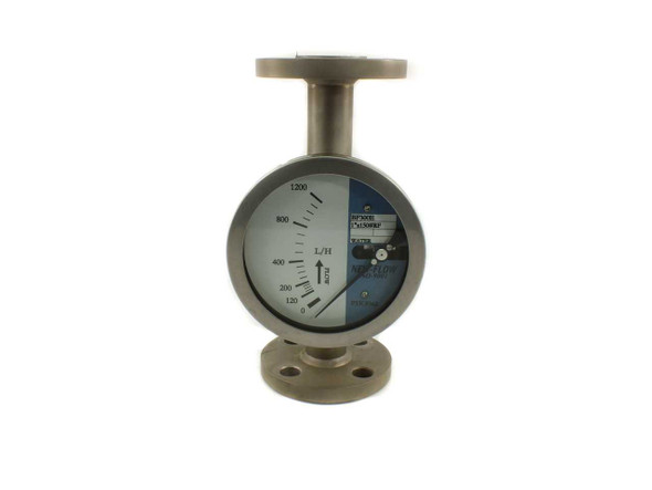 New-Flow BF300E metal tube flow meter front view showing analog dial with 0–1200 L/H scale and flanged stainless steel body
