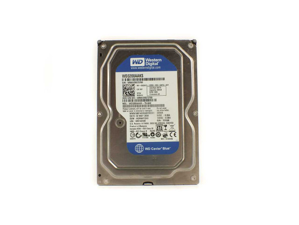 Western Digital WD3200AAKS Caviar Blue 320GB 3.5in SATA hard drive — top label view showing model number and specifications