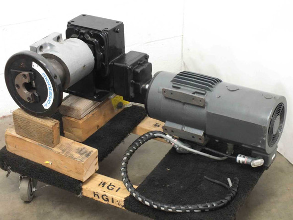 Winsmith MDSX E30 indexing drive with Baldor ZDM3581T motor assembly on pallet — front-left 3/4 view showing Montalvo KL 1800 brake and hydraulic hose