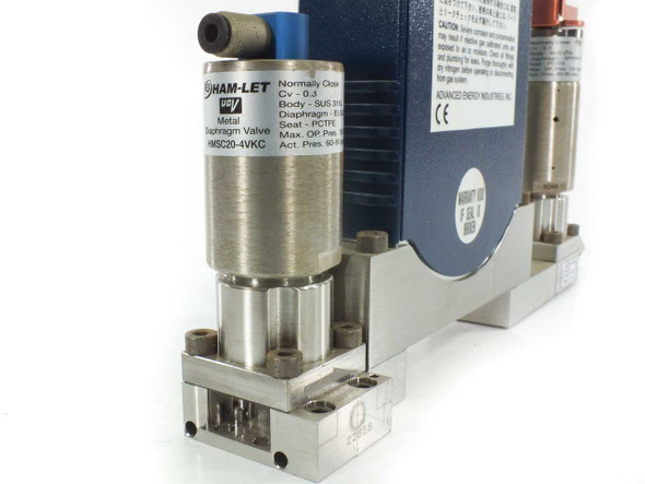 Ham-Let HMC20-4VKC metal diaphragm valve label detail on Aera PI-980 MFC manifold assembly – close-up side view