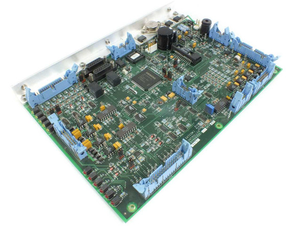 CPI Satcom P/P Controller Circuit Board 01026350 — top angled view showing full PCB with blue terminal connectors and main FPGA/processor IC