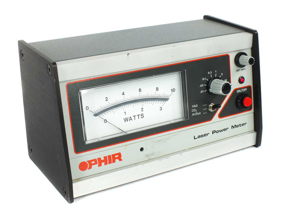 Ophir Laser Power Meter front three-quarter angle view showing analog watt meter face and right-side panel controls