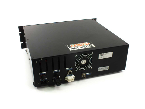 LTG LT3010 Laser Exciter rear panel showing AC inlet fuse block, cooling fan, high voltage warning label, and output connectors