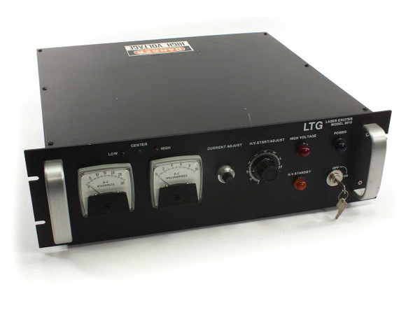 LaserTech Group LTG LT3010 Laser Exciter Power Supply front panel with dual analog meters, current adjust and HV adjust knobs, HV standby button, power switch, and key switch