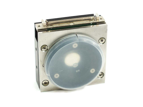 Imagine Eyes Mirao 52-d deformable mirror optical unit front view showing circular reflective membrane and high-density SCSI-style connector at top