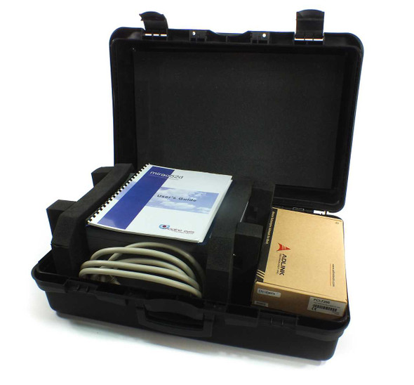Imagine Eyes Mirao 52-d deformable mirror complete kit open in hardshell transport case showing electronics unit, User's Guide manual, cables, and ADLINK PCI card in box