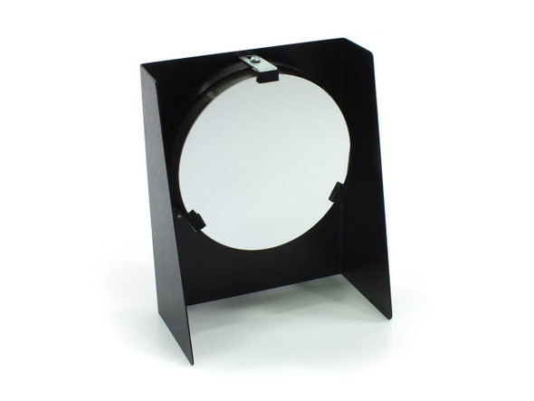 Edmund Optics 6-inch precision parabolic mirror in black powder-coated adjustable mount — front view showing mirror face and retaining clips