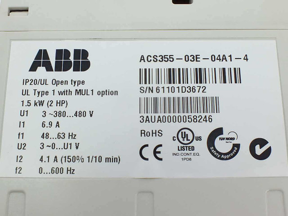 ABB ACS355-03E-04A1-4 rating plate label showing 1.5kW 2HP, 3-phase 380-480V input, 6.9A, IP20/UL Open Type, MUL1 option, serial number and 3AUA0000058246 part number