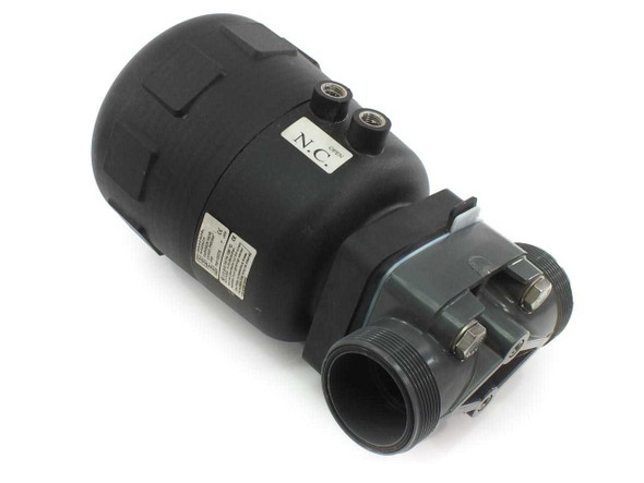 Burkert 2030 pneumatic diaphragm valve – left-side view showing plastic body, N.C. label, pneumatic actuator top ports, and true union threaded connection