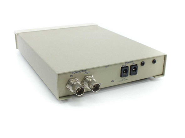 Boeckeler JV1000B rear panel showing composite BNC IN and OUT connectors, Y/C output, DC power jack, and barrel connector