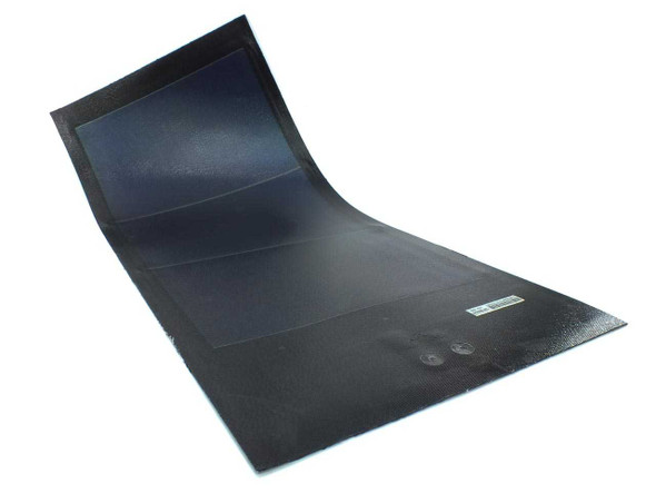 Uni-Solar PVL-24 flexible amorphous solar panel shown partially curled open, top cell surface and solder points visible
