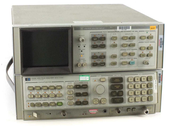 HP 8568A Spectrum Analyzer front panel with display section and control section — full front view showing CRT display module above and analyzer keyboard/controls below