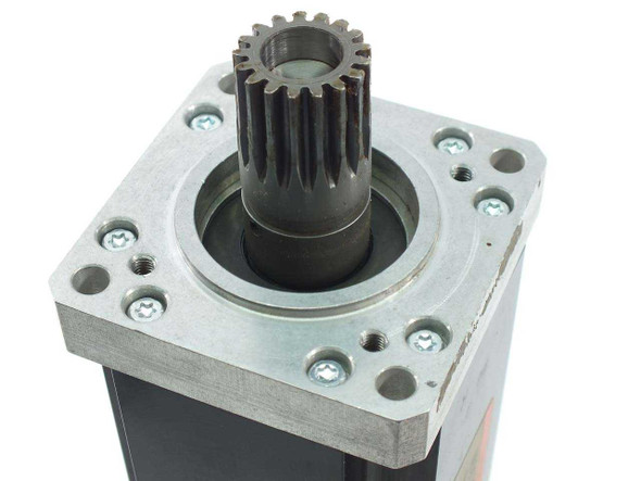 Close-up of Maxon M021204A planetary gearbox output stage showing gear teeth and machined aluminum housing with mounting bolt holes