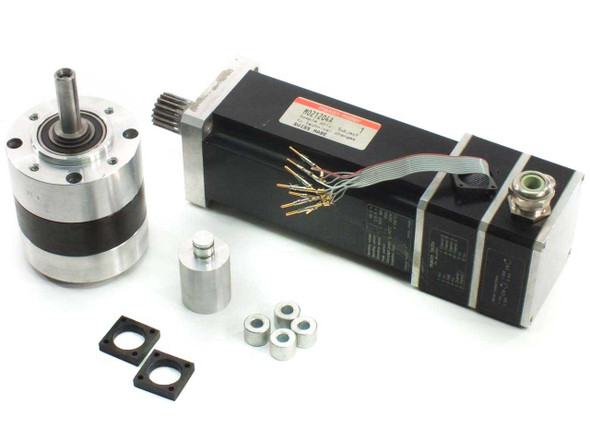 Maxon M021204A DC servo motor with planetary gearbox attached, 10-pin encoder harness, mounting adapter plate, and hardware accessories laid out