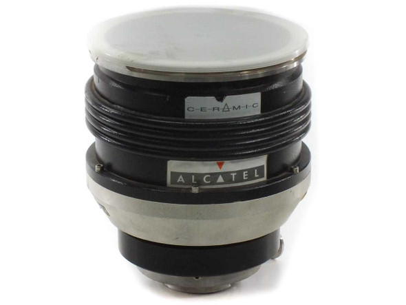 Alcatel 5402 CIS turbomolecular high vacuum pump – front view showing Ceramic bearing label and Alcatel brand label on black body