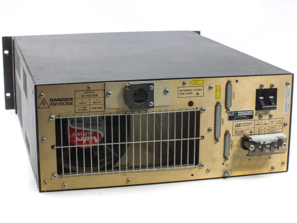 Advanced Energy MDX-2.5K rear panel showing high-voltage output port, cooling fan grill, D-sub connectors, and AC input circuit breaker
