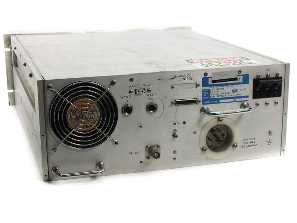 RFPP RF25M rear panel showing RF Out port, water in/out fittings, analog control connector, cooling fan, and AC input