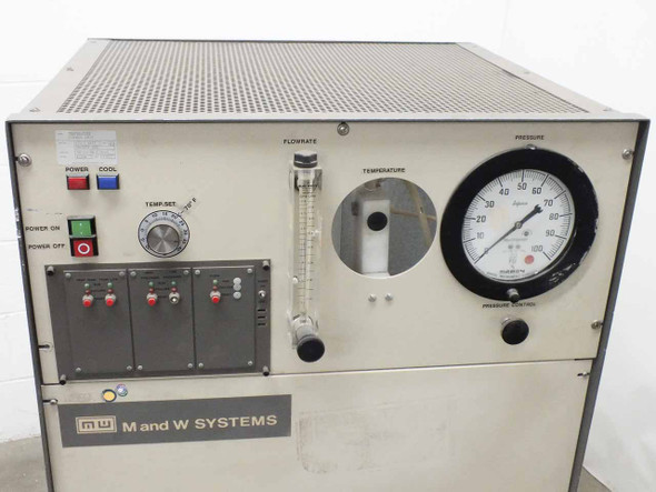 M&W Systems Flowrite Chiller RPC17 – close-up of front panel with Power/Cool switches, Temp Set knob, flowrate meter, temperature gauge, and pressure gauge