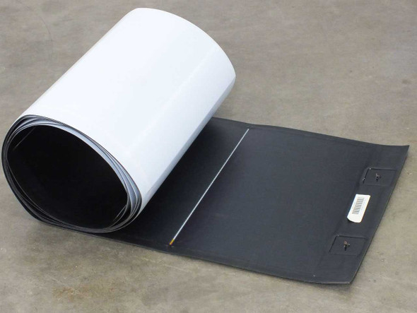 Xunlight XRS18-150 flexible solar panel rolled up showing white ETFE front surface and dark amorphous cell back