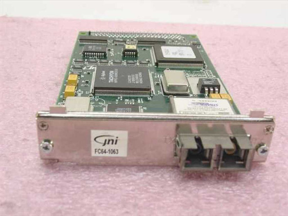 Sun JNI FC64-1063 Fibre Channel PCI Host Bus Adapter – front bracket view showing FC64-1063 label and dual Fibre Channel ports