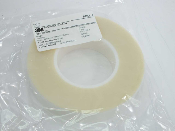 Single roll of 3M Spacer Film #294 UBF-9L in sealed plastic bag with product label showing PN 70-0066-6434 and dimensions 30mm x 150m x 76mm