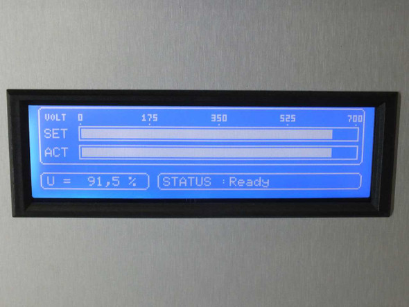 Berger PSS10 LCD bargraph display showing SET and ACT voltage bars, U=91.5% and STATUS: Ready