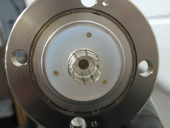 RFS CELLFLEX LCF158-50JA EIA flange connector close-up showing inner conductor, PTFE dielectric, and stainless flange face