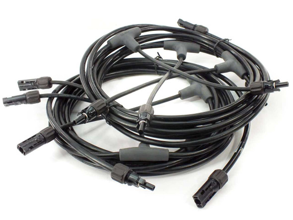 Amphenol H4 4-branch solar panel parallel cable pair coiled, showing all branch connectors and full 24-ft cable length