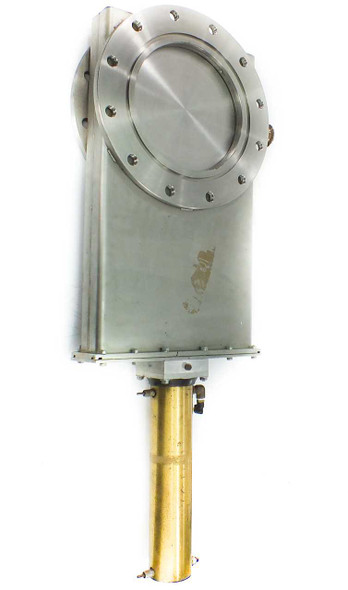 GNB G10PSORPX pneumatic gate valve – angled side view showing stainless steel housing, circular flange face with gate fully closed, brass actuator cylinder, and visible scuff/residue on body panel